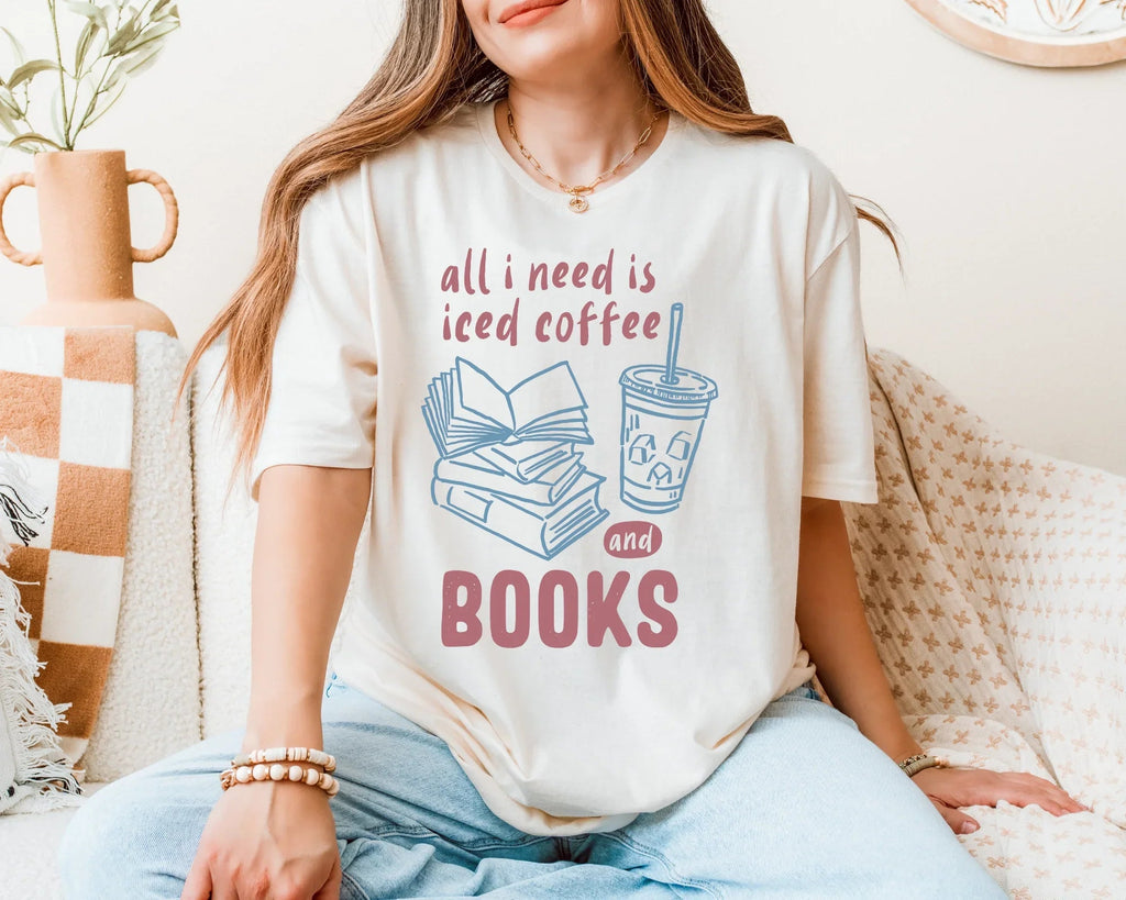 All I Need Is Iced Coffee and Books T-Shirt, Book Lover Graphic Tee, Coffee Addict Shirt for Women, Cozy Reader Tee, Caffeine & Books Gift: Blue & Purple Print
