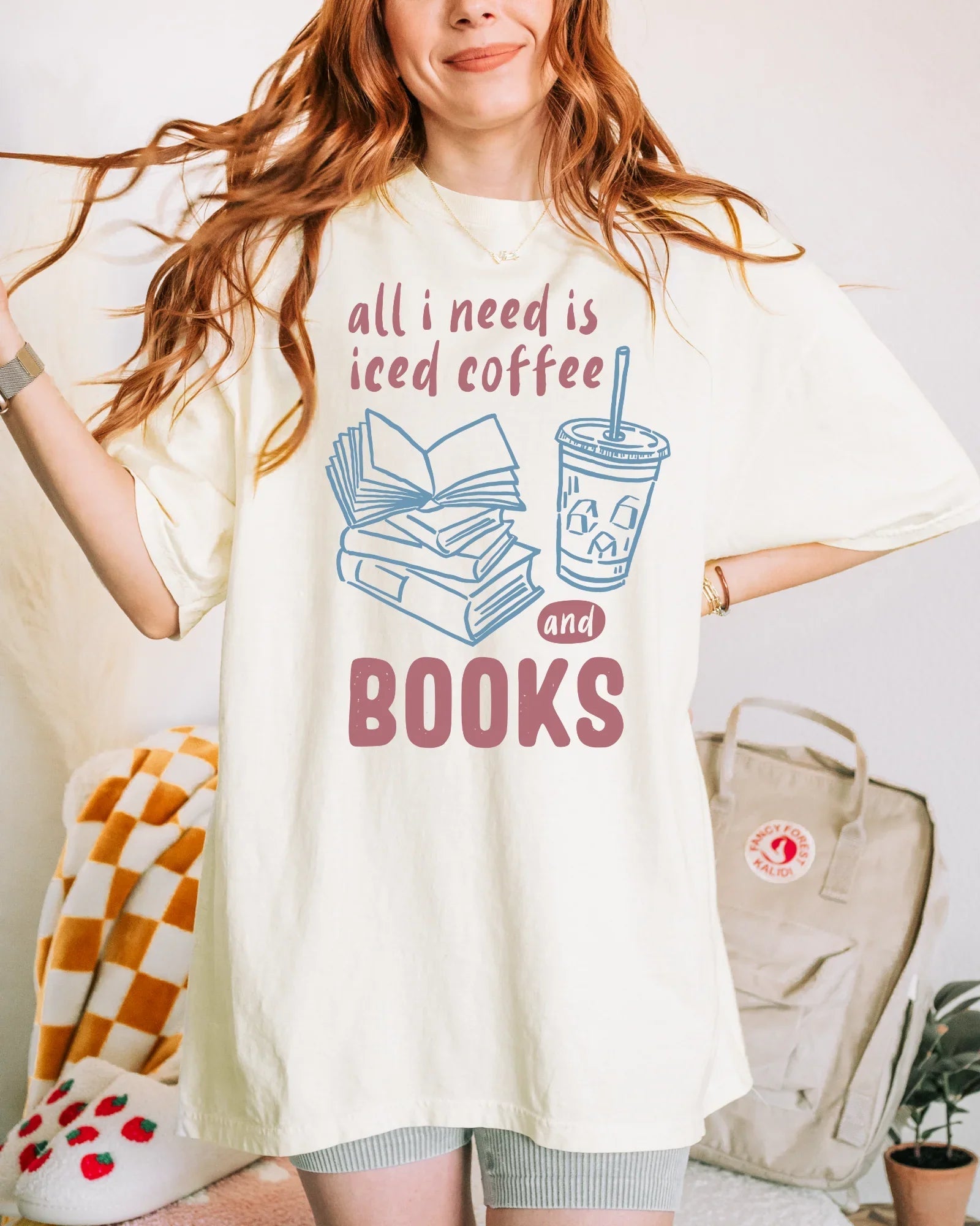 All I Need Is Iced Coffee and Books T-Shirt, Book Lover Graphic Tee, Coffee Addict Shirt for Women, Cozy Reader Tee, Caffeine & Books Gift: Blue & Purple Print